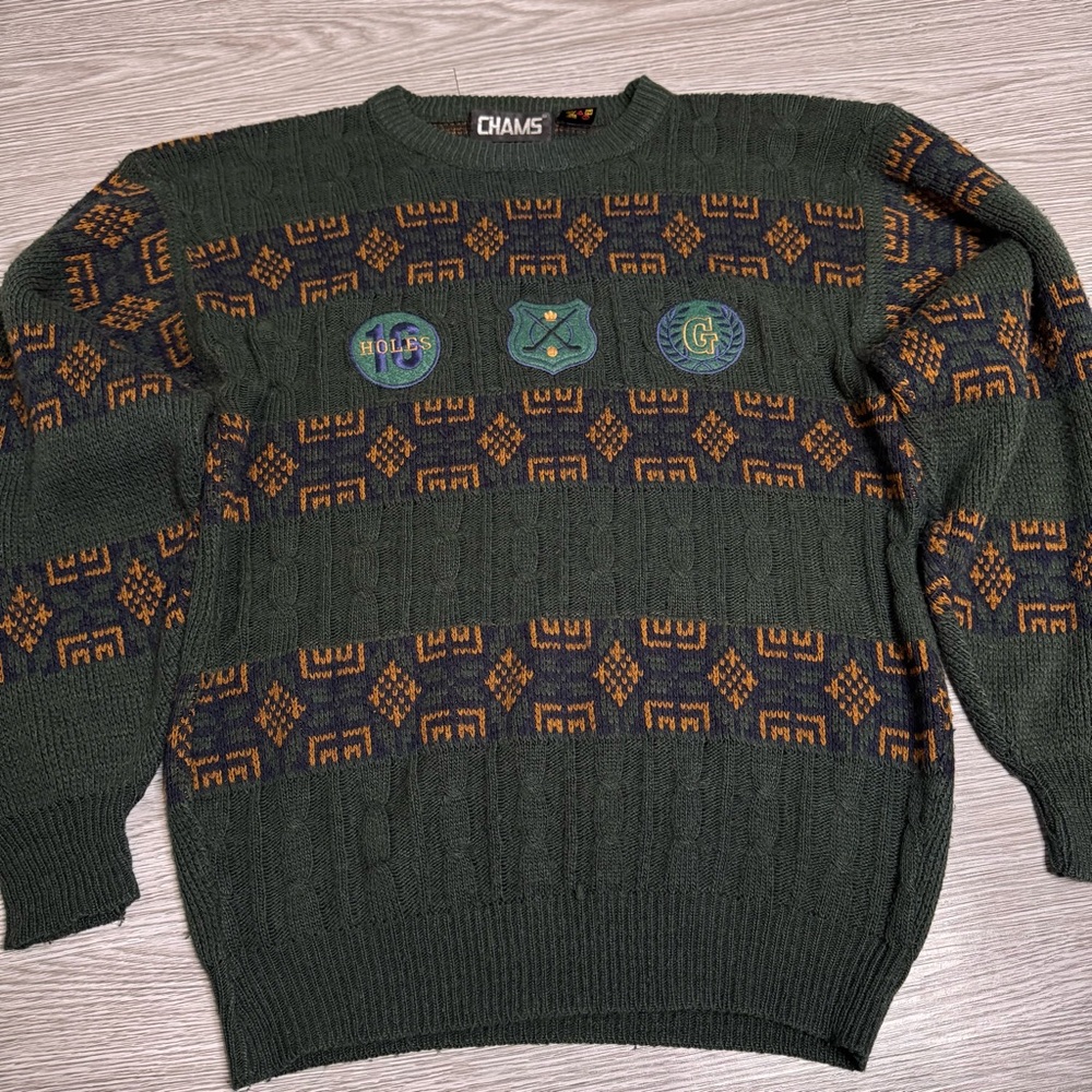 Vintage 90s Chams Acrylic Sweater Green Golf Embroidered Design Sz S Fits Bigger
